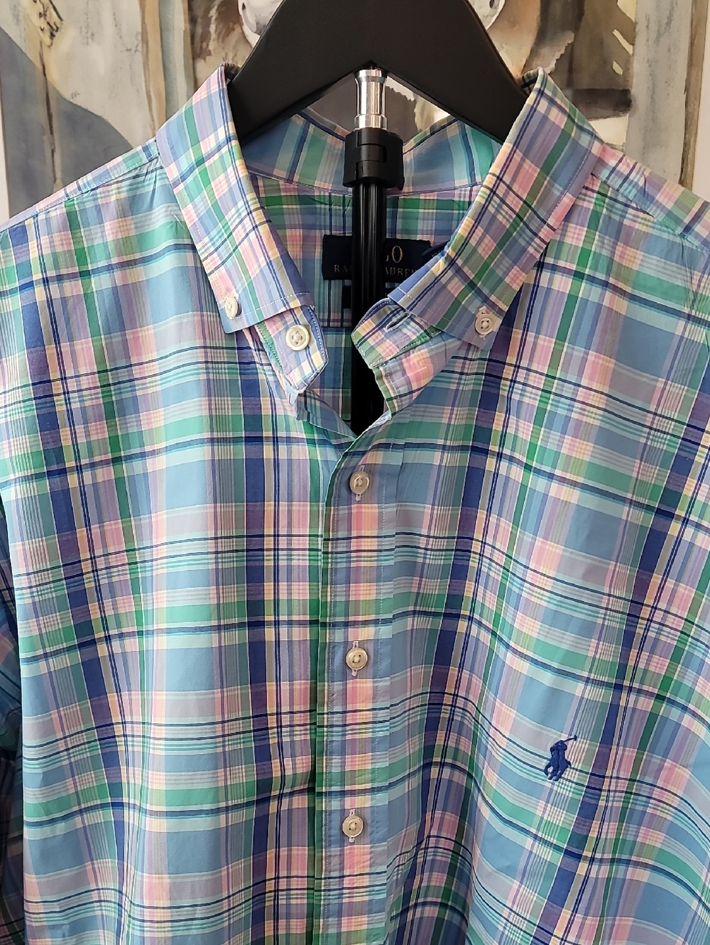 Men's Polo by Ralph Lauren Pastel Blue, Pink & Green Plaid Button-Down Shirt 2XL